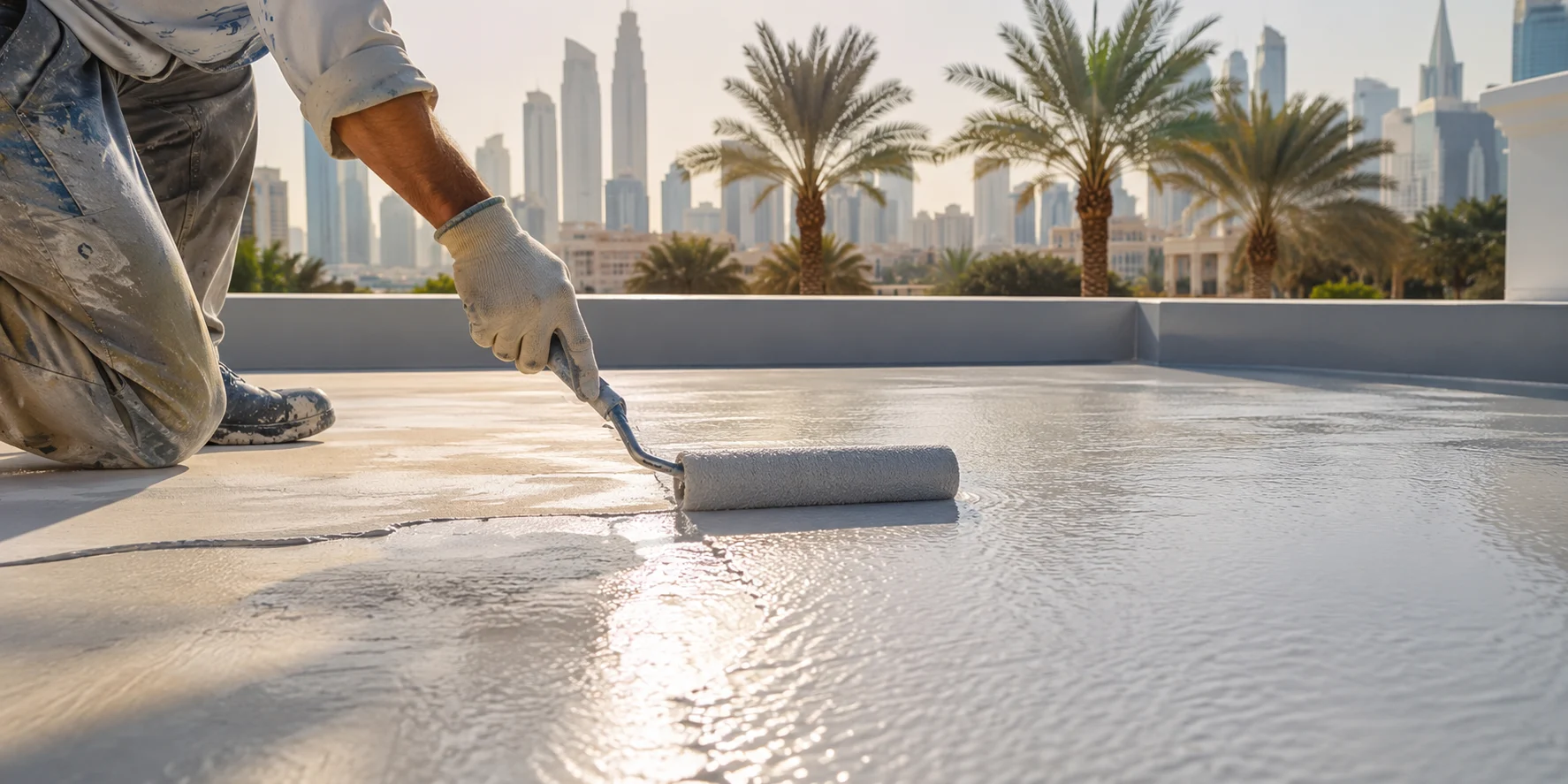 Worker applying waterproof coating to a concrete terrace floor under UAE sunlight