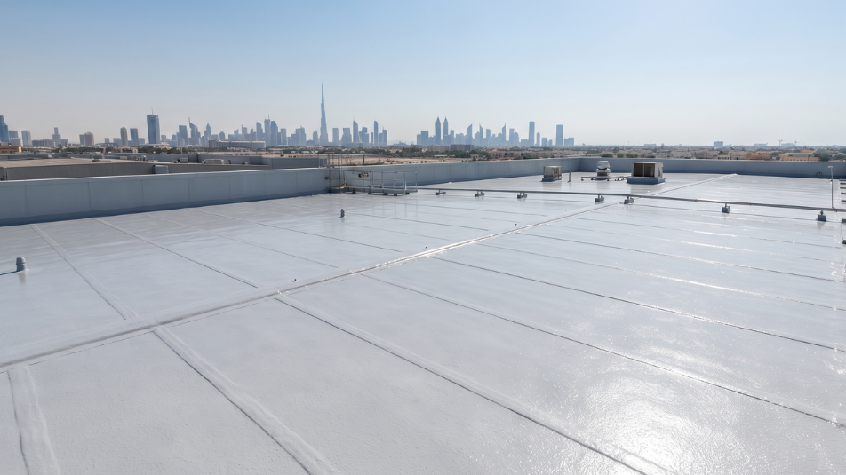 A finished, sealed commercial rooftop showcasing the results of professional metal roof waterproofing dubai.