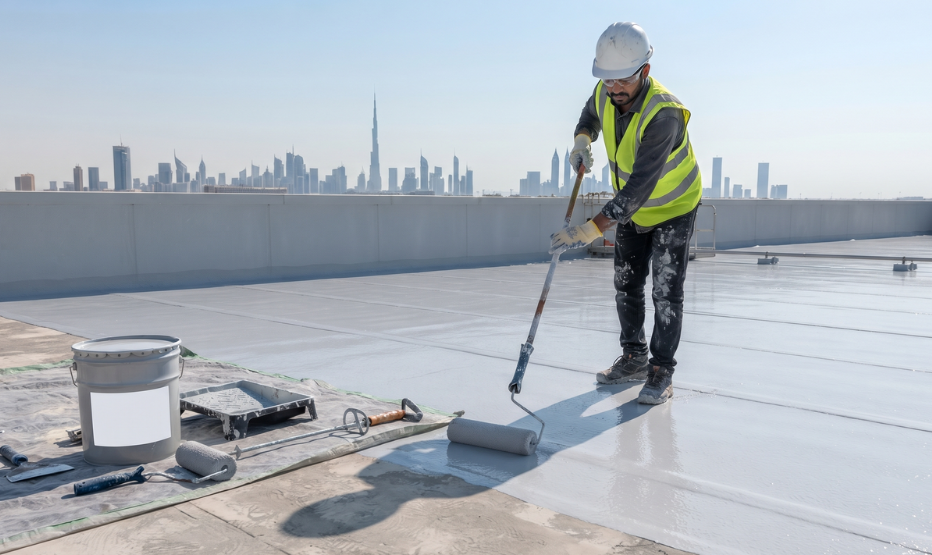 A worker applying a protective coating as part of metal roof waterproofing dubai on a commercial building rooftop.
