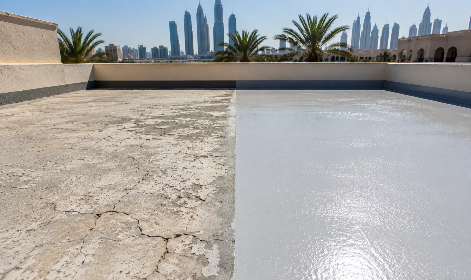 Concrete terrace floor showing contrast between cracked untreated surface and fresh waterproof coating