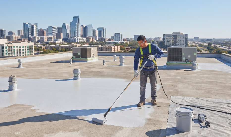 A worker in a safety harness uses a long-handled roller to spread a smooth layer of white waterproof coating on a commercial rooftop.
