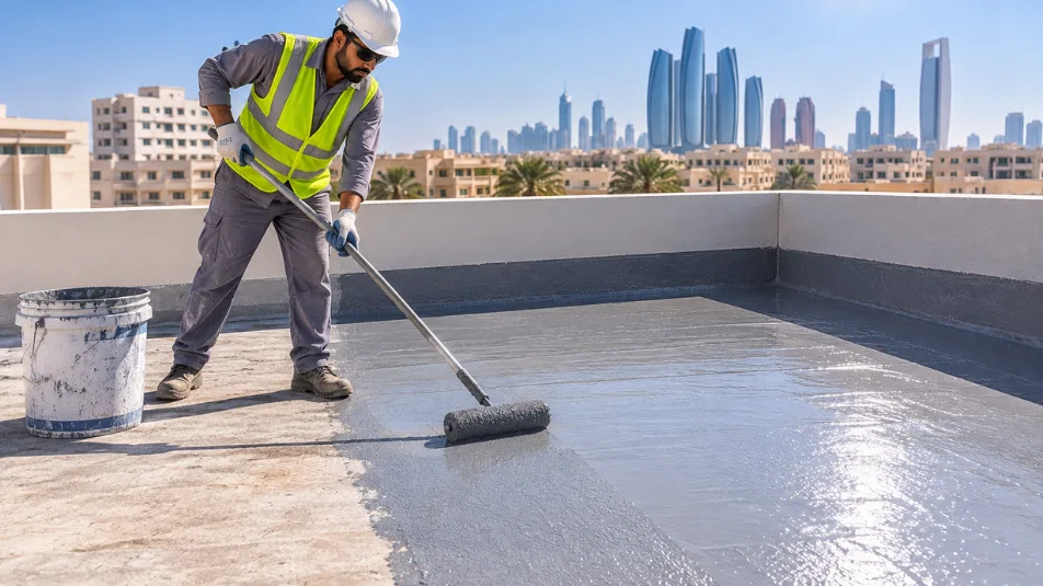 Construction worker applying grey Mapei waterproofing coating to a concrete rooftop terrace under bright sunlight.