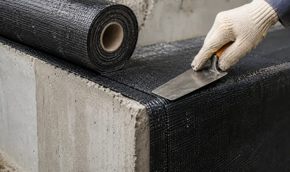Close-up of a gloved worker smoothing a textured waterproofing membrane over a raw concrete edge as part of Mapei waterproofing work.