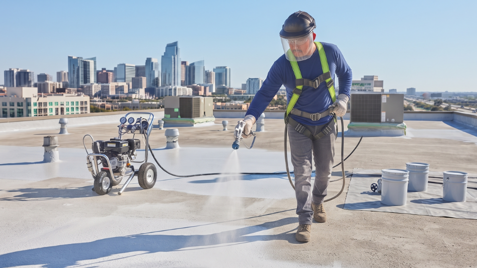 A worker wearing safety gear uses a machine sprayer to apply a white waterproof coating to a commercial flat roof with a city skyline in the background.
