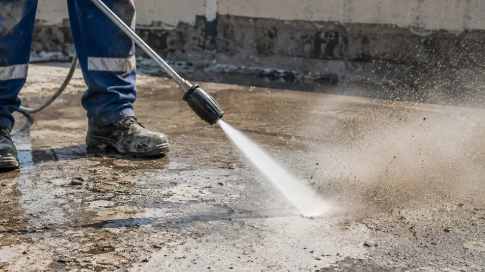 Worker pressure-washing a rough concrete rooftop surface to remove old coating residue, dust, and debris before waterproofing application.
