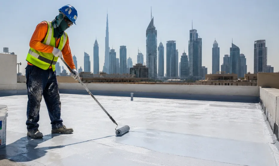 Worker applying a liquid waterproofing membrane to a concrete rooftop under intense UAE sunlight, with a roller, bucket, and Dubai skyline visible in the background.