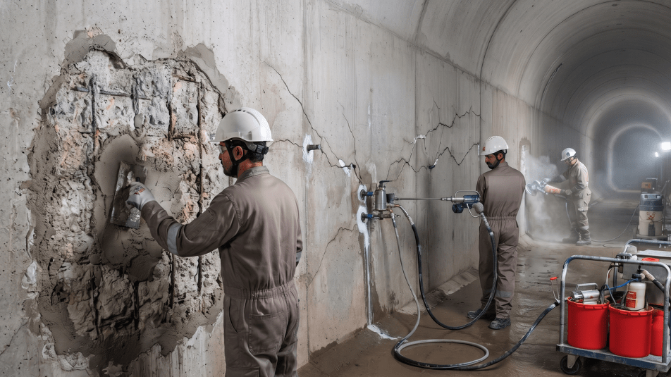 A team of workers in hard hats and jumpsuits executing structural patching, crack injection, and surface finishing as part of a Fosroc concrete repair project inside a tunnel.