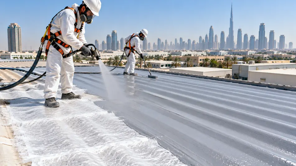 Workers applying polyurea coating and GRP lining as a long-term cement sheet leakage solution