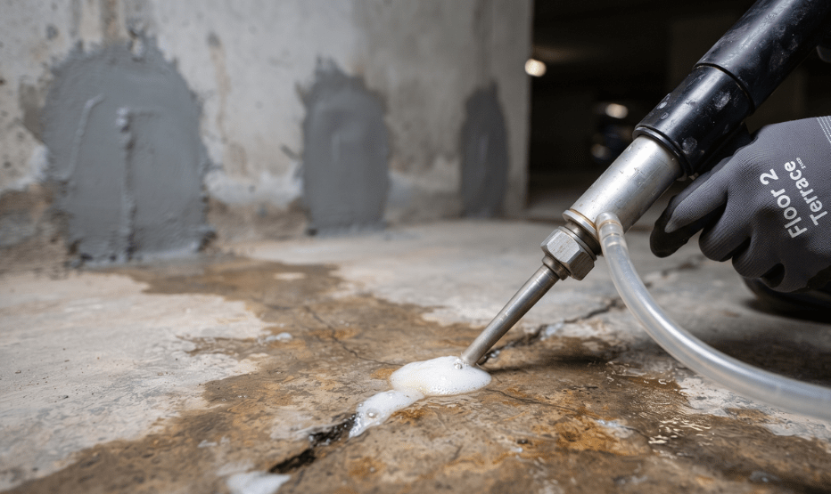 A close-up view of a technician using an injection tool to seal a structural floor crack with expanding resin during Fosroc concrete repair work.