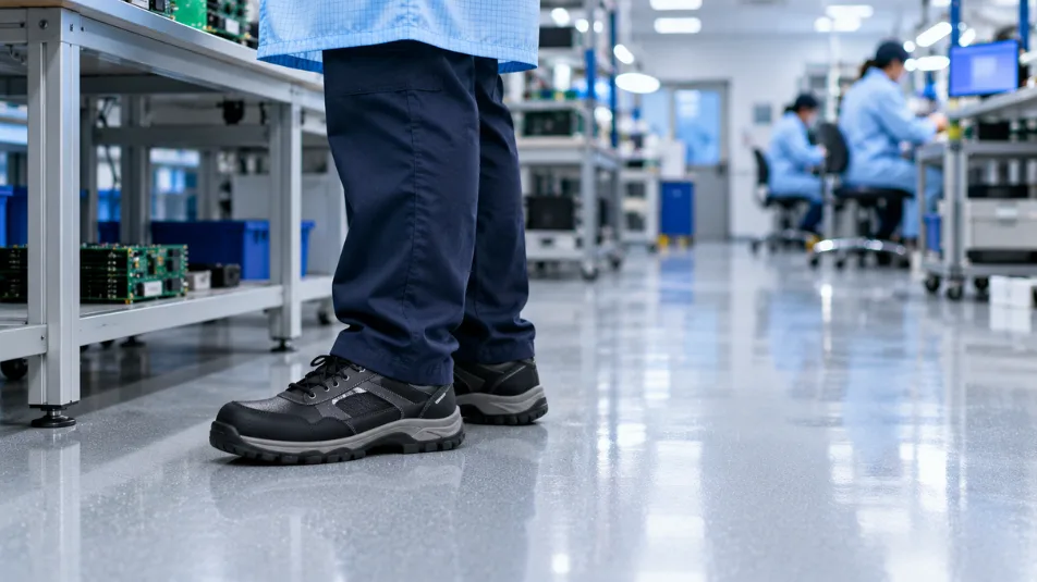 Technician working on an antistatic floor after industrial flooring installation in an electronics room