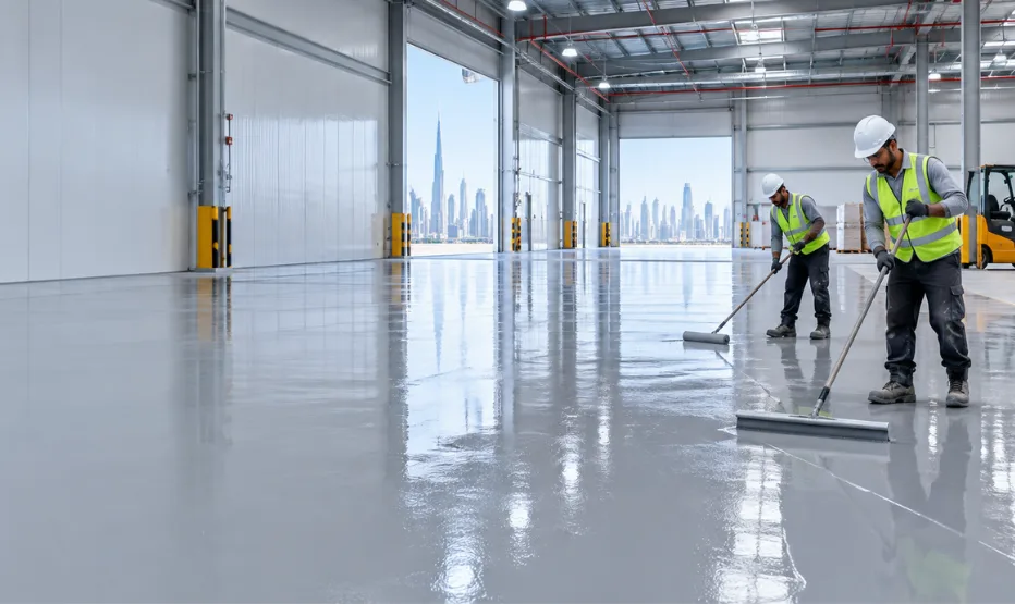 Workers applying epoxy coating during industrial flooring installation in a warehouse