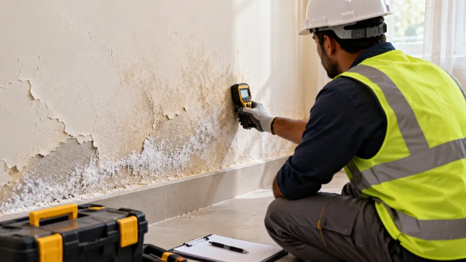 Professional checking a damp wall with a moisture meter before treatment of wall dampness
