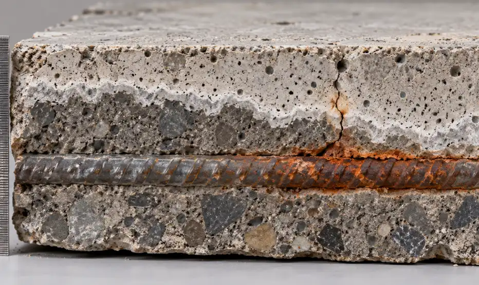 Cross-section of a concrete slab showing the concrete carbonation front advancing toward rusting rebar
