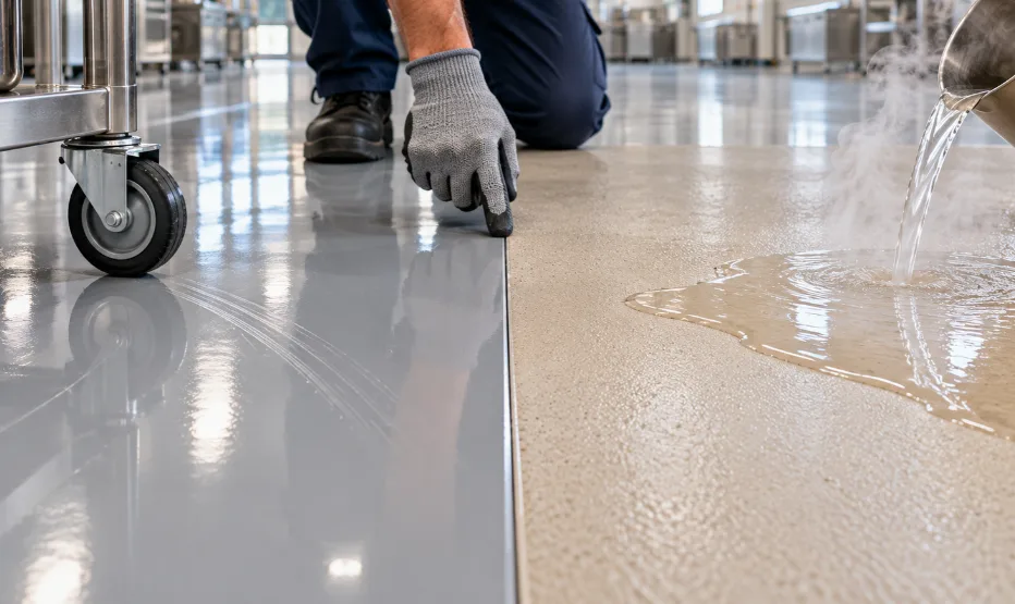Side-by-side samples of epoxy screed and PU screed in an epoxy vs polyurethane flooring comparison