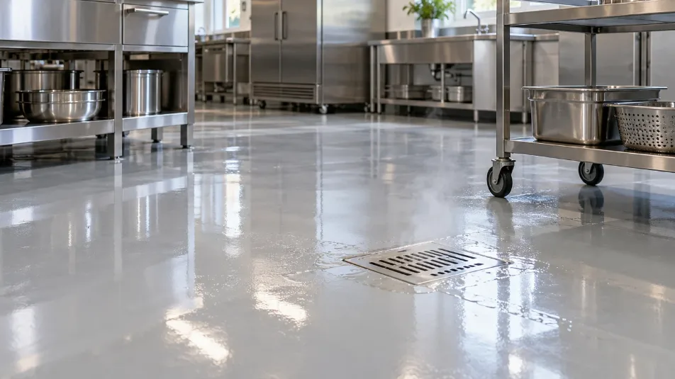Seamless resin floor in a hotel kitchen showing epoxy vs polyurethane flooring in a high-heat, high-traffic space